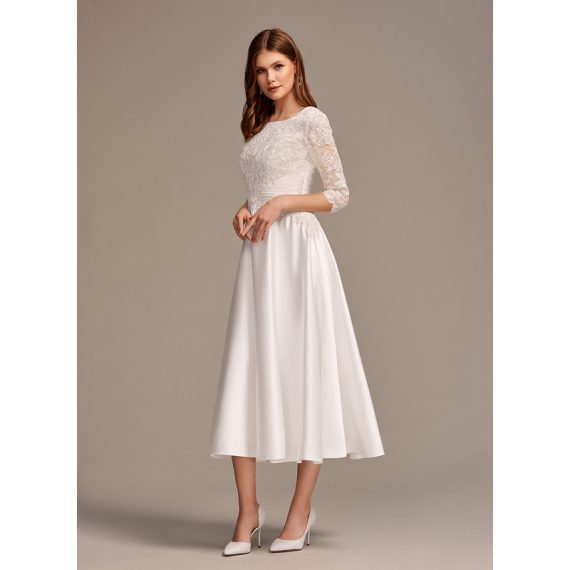 A-Line Scoop Tea-Length Satin Lace Wedding Dress