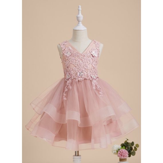 A-line V-Neck Knee-Length Lace/Tulle Flower Girl Dress