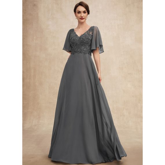 A-line V-Neck Floor-Length Chiffon Lace Evening Dress With Beading Sequins