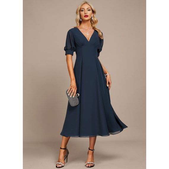 A-Line V-neck Tea-Length Chiffon Cocktail Dress With Pleated