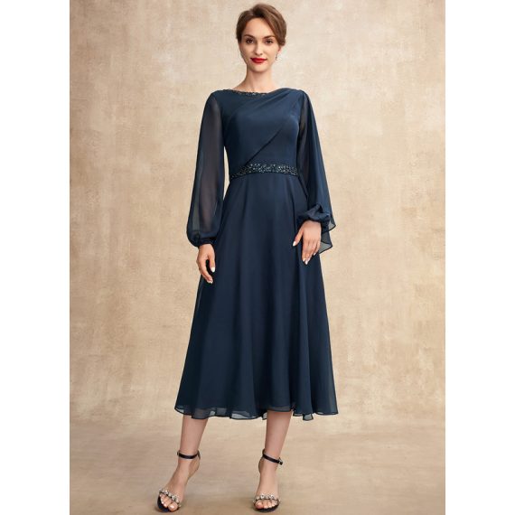A-line Scoop Tea-Length Chiffon Evening Dress With Beading Pleated Sequins