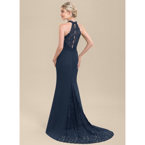 Trumpet/Mermaid High Neck Sweep Train Chiffon Lace Bridesmaid Dress