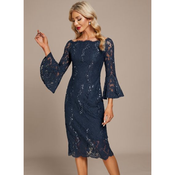 Sheath/Column Off-the-Shoulder Knee-Length Lace Evening Dress With Sequins