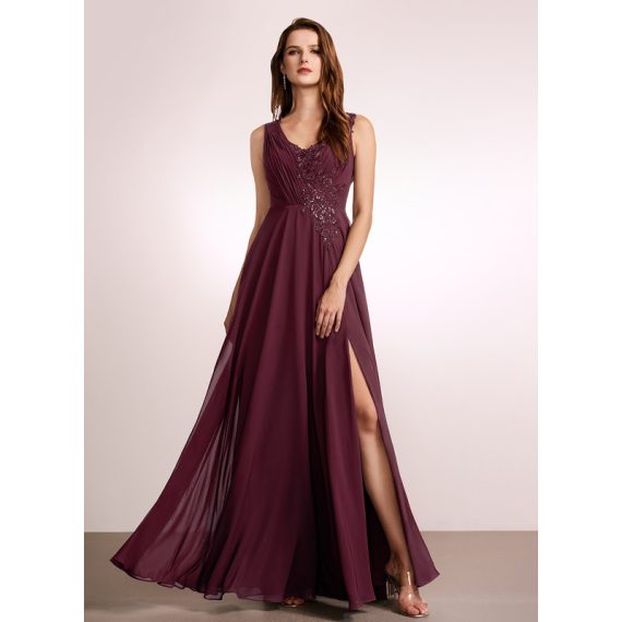 A-Line V-neck Floor-Length Chiffon Lace Bridesmaid Dress
