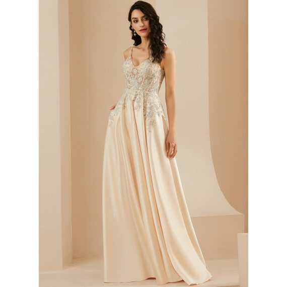 A-Line V-neck Floor-Length Satin Lace Prom Dresses