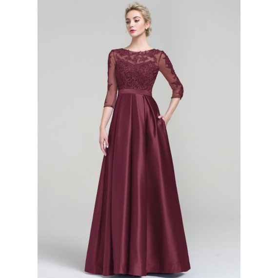 A-Line Scoop Illusion Floor-Length Satin Lace Evening Dress