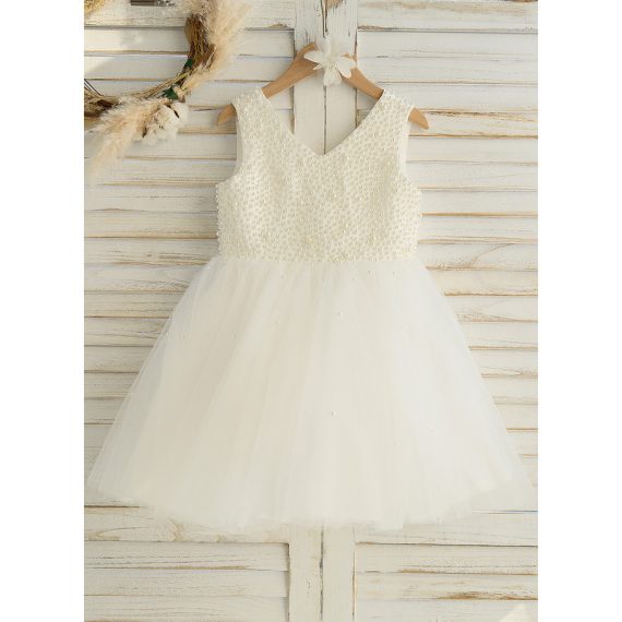 A-line V-Neck Knee-Length Satin/Tulle Flower Girl Dress
