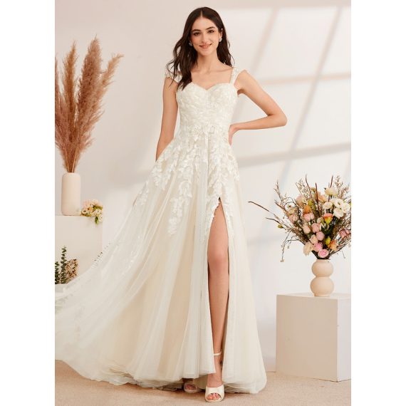 A-Line Off-the-Shoulder Sweep Train Tulle Lace Wedding Dress With Beading Sequins