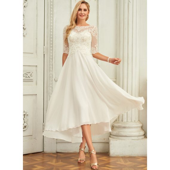 A-Line Scoop Asymmetrical Chiffon Lace Wedding Dress With Beading Sequins