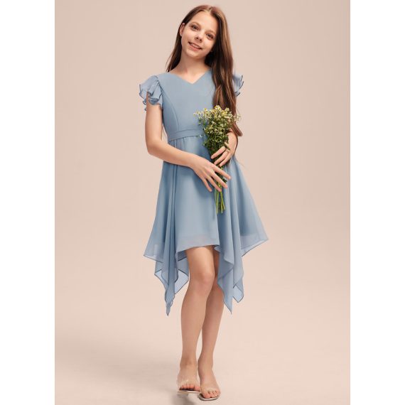 A-Line V-neck Tea-Length Chiffon Junior Bridesmaid Dress With Bow(s) Cascading Ruffles