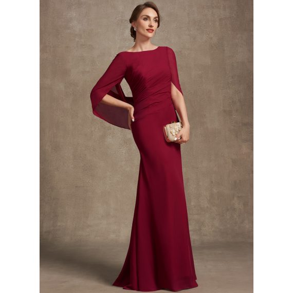 Trumpet/Mermaid Boat Neck Floor-Length Chiffon Evening Dress With Pleated