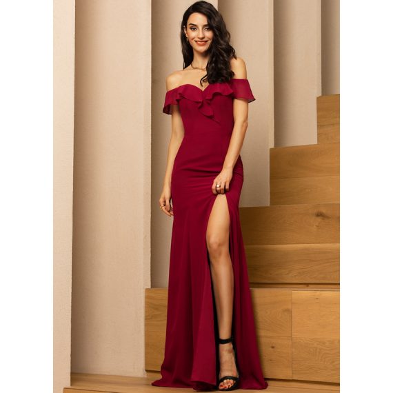 Sheath/Column Off-the-Shoulder Floor-Length Chiffon Bridesmaid Dress With Split Front Cascading Ruffles