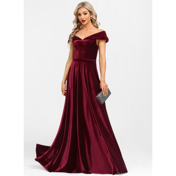 A-Line Off-the-Shoulder Floor-Length Velvet Evening Dress With Pleated