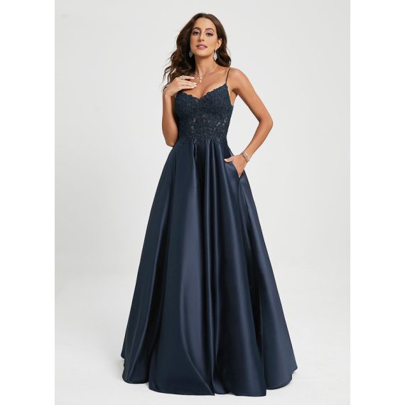 A-line V-Neck Floor-Length Lace Satin Prom Dresses With Sequins