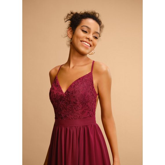 A-Line V-neck Floor-Length Chiffon Lace Prom Dresses