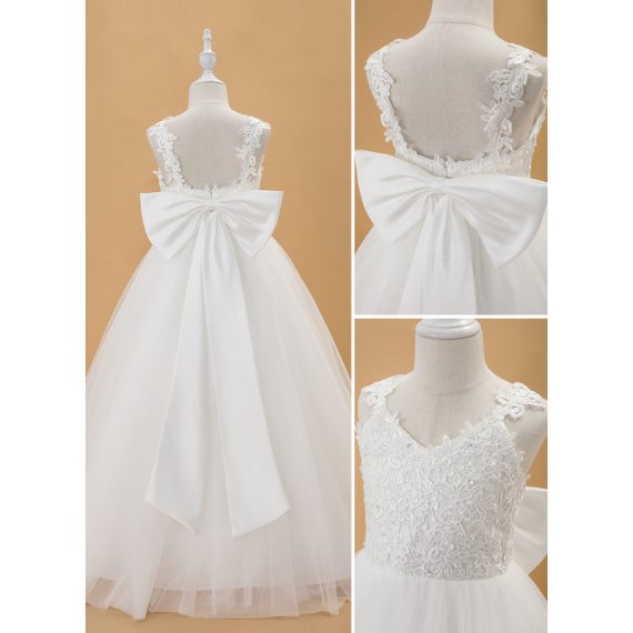 Ball-Gown/Princess V-Neck Floor-Length Lace/Tulle Flower Girl Dress