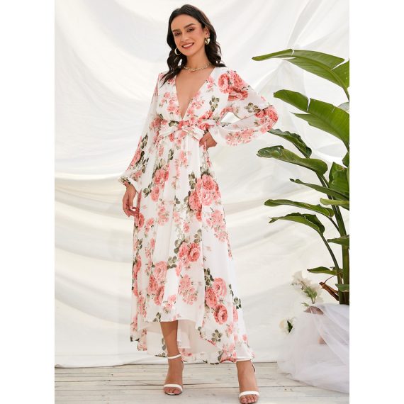 V-Neck Long Sleeves Vacation A-line Chiffon Asymmetrical Dresses