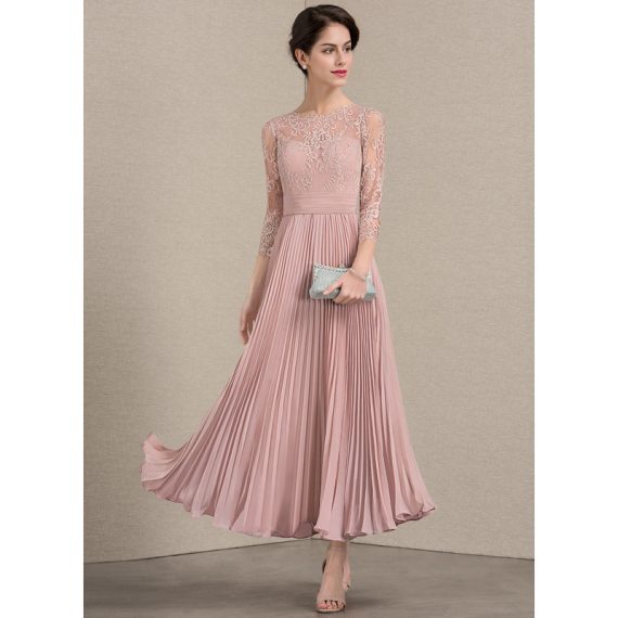 A-Line Scoop Illusion Ankle-Length Chiffon Lace Mother of the Bride Dress With Pleated