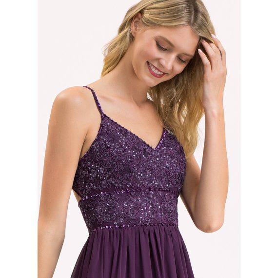 A-line V-Neck Floor-length Chiffon Lace Prom Dresses With Beading Sequins