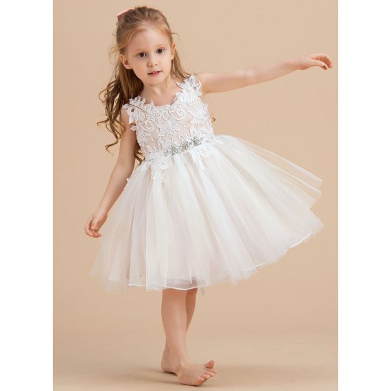 A-line V-Neck Knee-Length Lace/Tulle Flower Girl Dress