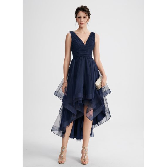A-Line V-neck Asymmetrical Tulle Cocktail Dress With Cascading Ruffles Pleated