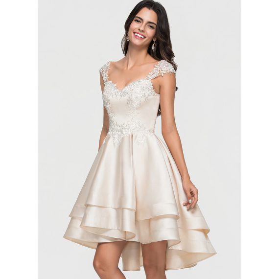 A-Line Sweetheart Asymmetrical Satin Homecoming Dress With Beading Cascading Ruffles