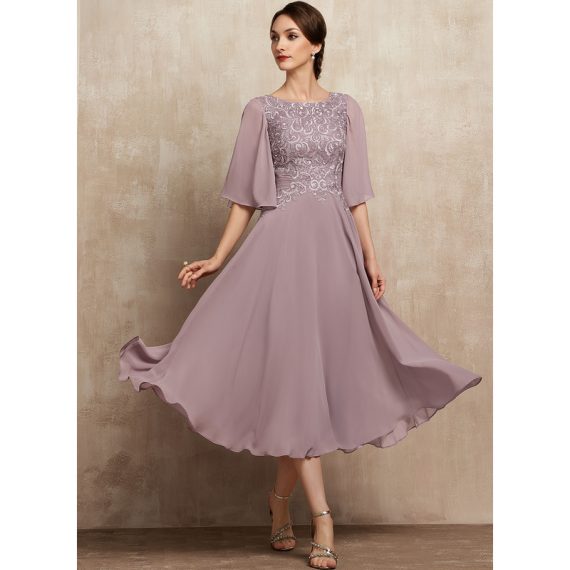 A-line Scoop Tea-length Chiffon Lace Cocktail Dress