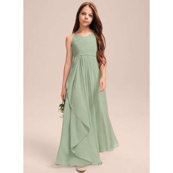 A-Line V-neck Floor-Length Chiffon Junior Bridesmaid Dress With Cascading Ruffles