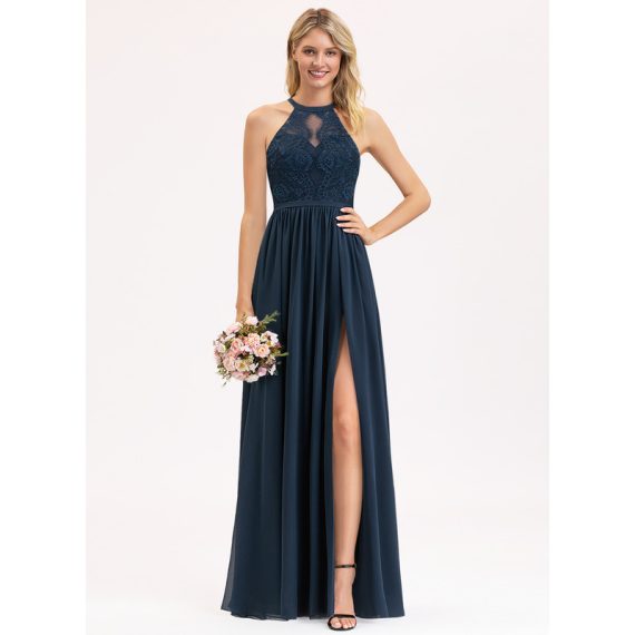 A-Line Scoop Illusion Floor-Length Chiffon Lace Evening Dress
