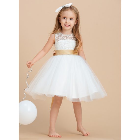 A-line Scoop Knee-Length Lace/Satin/Tulle Flower Girl Dress