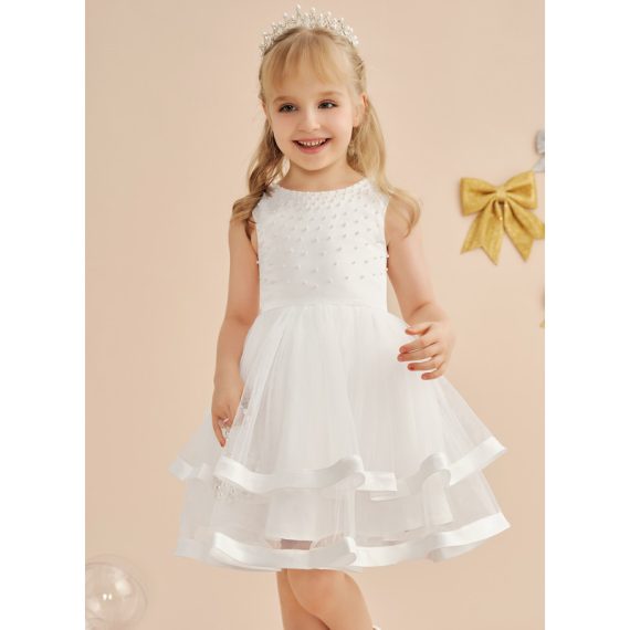 Ball-Gown/Princess Scoop Knee-Length Satin/Tulle Flower Girl Dress