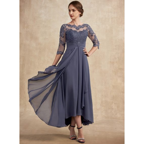 A-line Scoop Illusion Asymmetrical Chiffon Lace Evening Dress With Cascading Ruffles