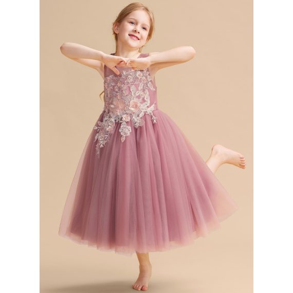 Ball-Gown/Princess Scoop Tea-Length Tulle Flower Girl Dress