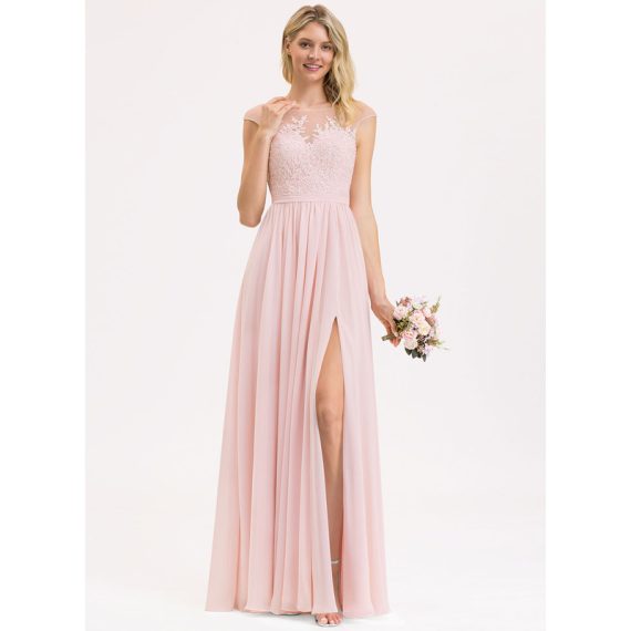 A-Line Scoop Neck Floor-Length Chiffon Lace Bridesmaid Dress With Split Front