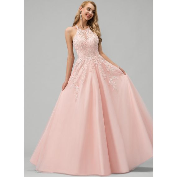 Ball-Gown/Princess Scoop Floor-Length Tulle Prom Dresses With Beading Sequins