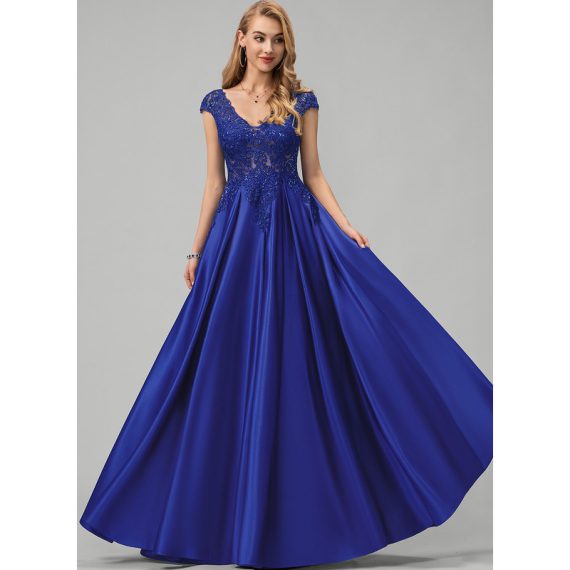 Ball-Gown/Princess V-Neck Floor-Length Satin Prom Dresses With Sequins