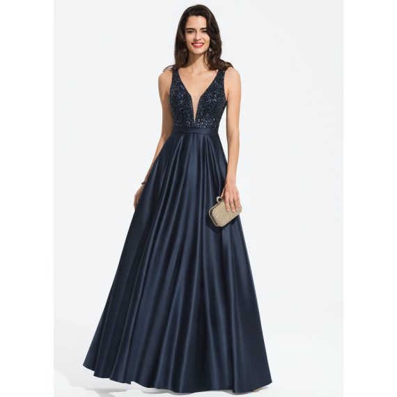 A-Line V-neck Floor-Length Satin Prom Dresses With Beading Sequins