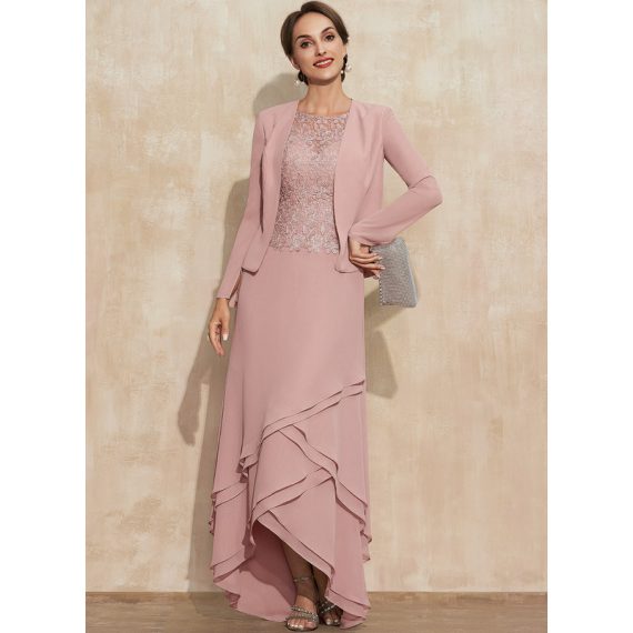 A-line Scoop Asymmetrical Chiffon Lace Mother of the Bride Dress With Cascading Ruffles