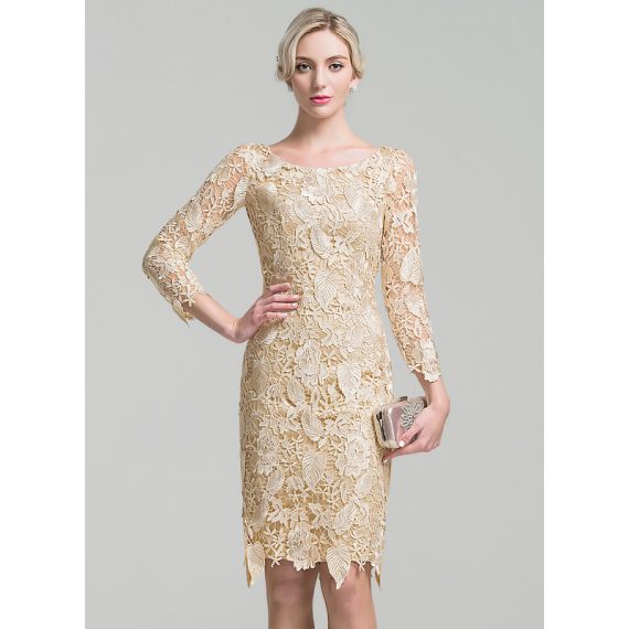 Sheath/Column Scoop Knee-length Lace Satin Mother of the Bride Dress