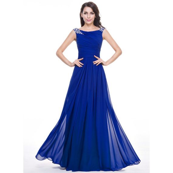 A-Line Scoop Floor-Length Chiffon Evening Dress With Beading Sequins Pleated