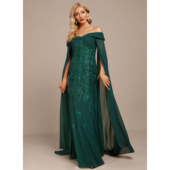 Sheath/Column Off-the-Shoulder Floor-Length Chiffon Lace Evening Dress With Sequins Pleated