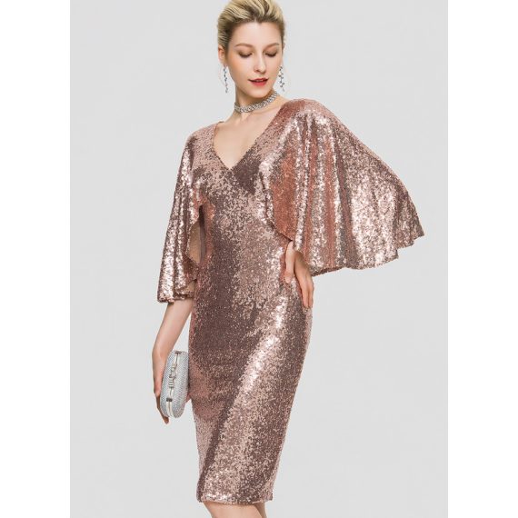 Sheath/Column V-neck Knee-Length Sequined Cocktail Dress