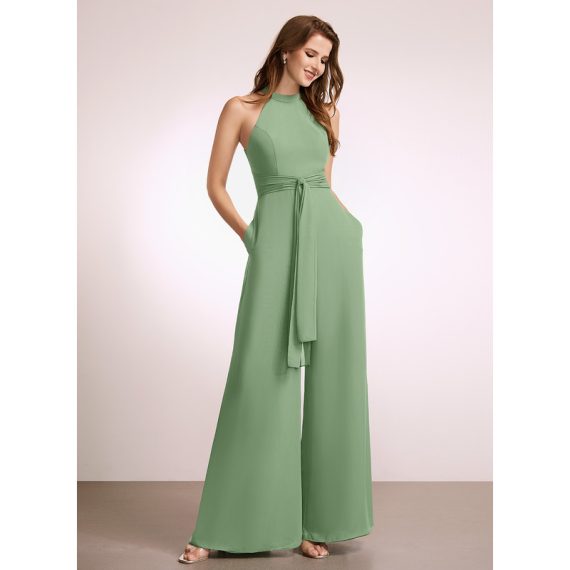 Jumpsuit/Pantsuit High Neck Floor-Length Chiffon Bridesmaid Dress With Bow(s)