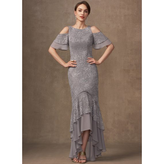 Trumpet/Mermaid Scoop Asymmetrical Chiffon Lace Mother of the Bride Dress With Cascading Ruffles