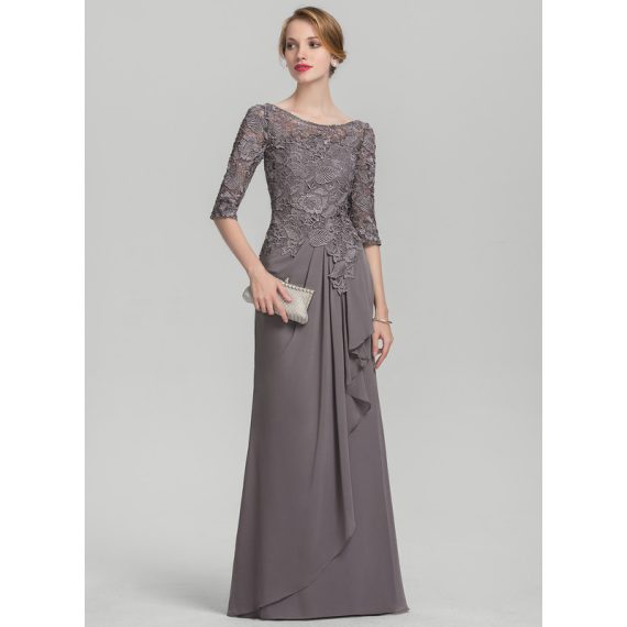 A-Line Scoop Illusion Floor-Length Chiffon Lace Mother of the Bride Dress With Cascading Ruffles