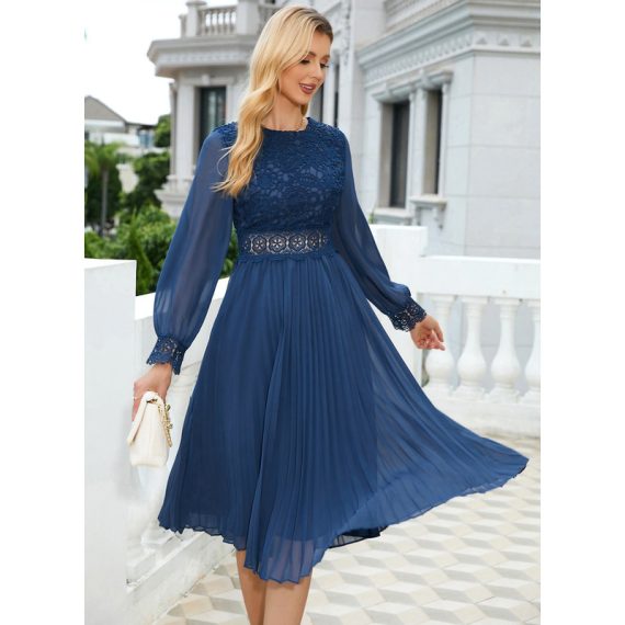 Lace Round Neck Long Sleeves Elegant A-line Chiffon Midi Dresses