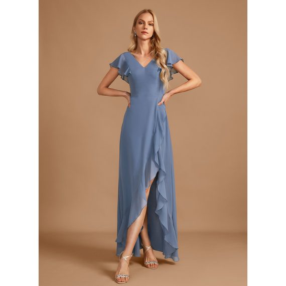 A-Line V-neck Asymmetrical Chiffon Bridesmaid Dress With Ruffle Split Front