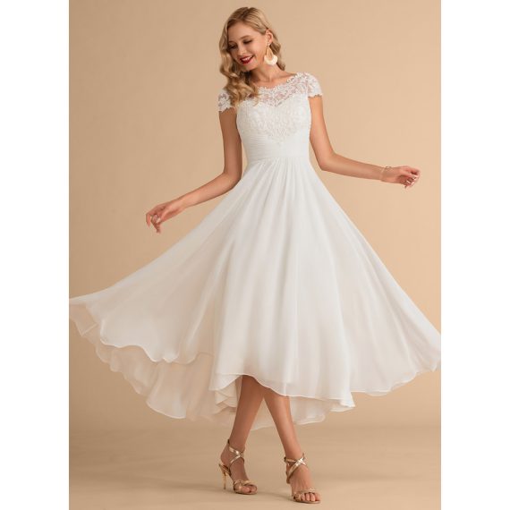 A-Line Scoop Asymmetrical Chiffon Lace Wedding Dress