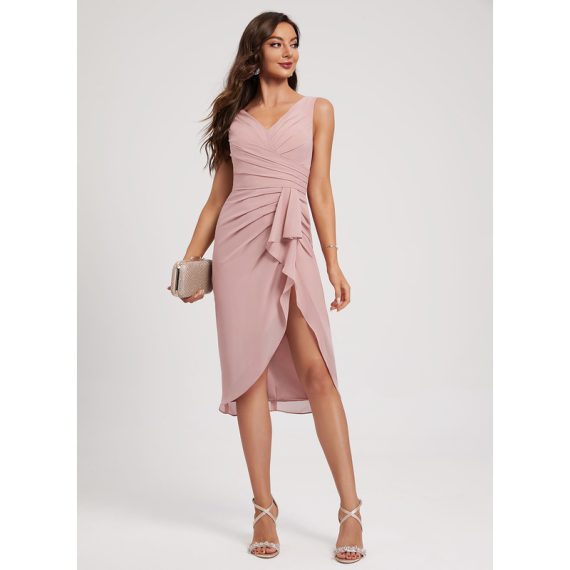 Sheath/Column V-neck Asymmetrical Chiffon Cocktail Dress With Ruffle Pleated
