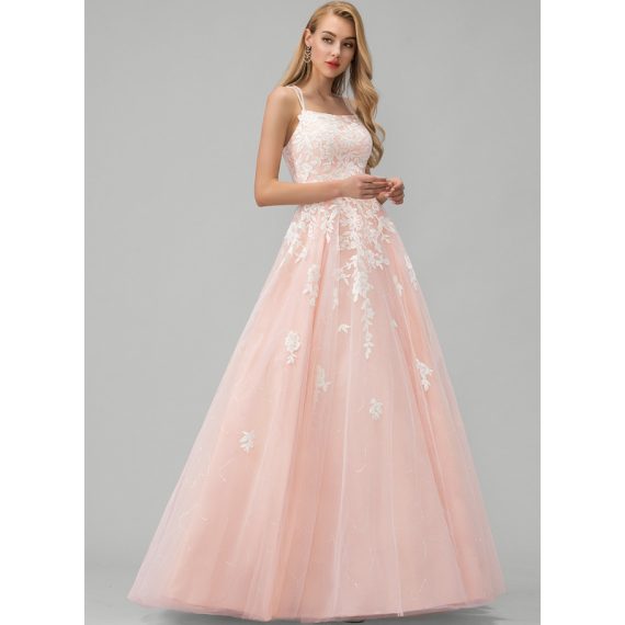 Ball-Gown/Princess Square Floor-length Lace Tulle Prom Dresses With Sequins